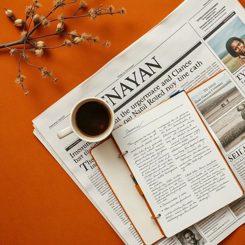 Newspaper, coffee cup and notebook with economic notes