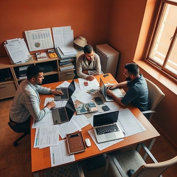 Small editorial team of journalists working around a desk